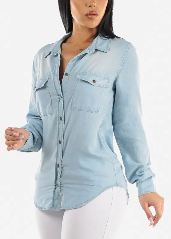 Button Down Long Sleeve Denim Shirt Light Blue sold by Moda