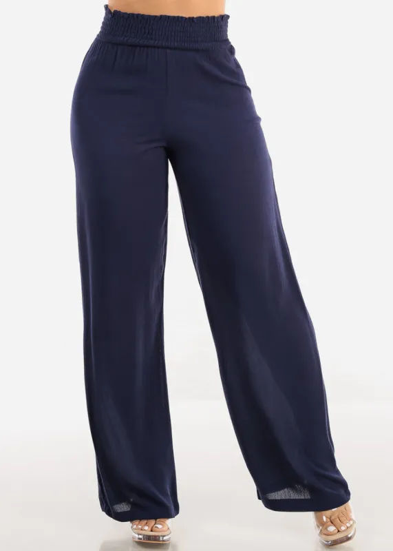 Smocked Waist Wide Legged Pants Navy sold by Moda