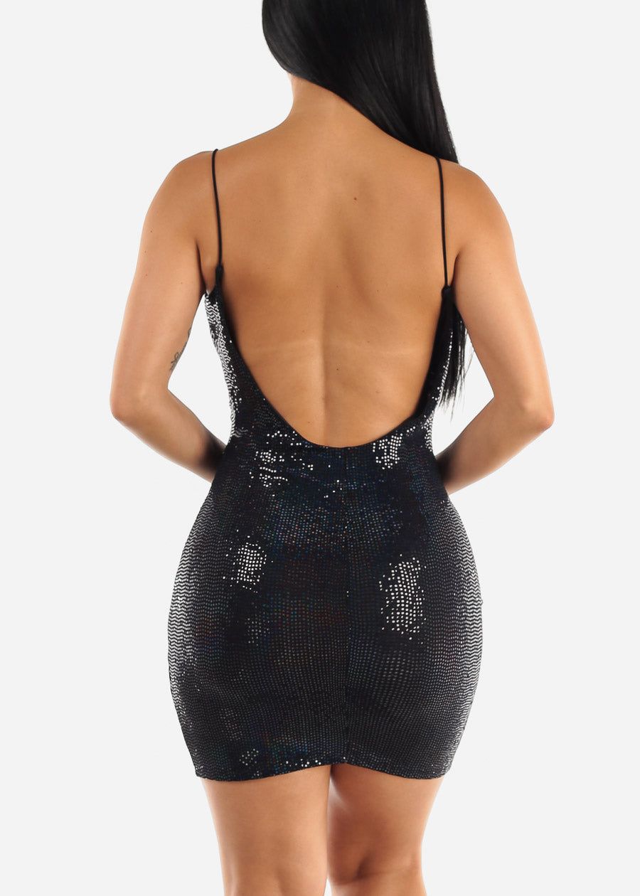 Open Back Sequins Cowl Neck Black Mini Dress sold by Moda product image thumbnail 4