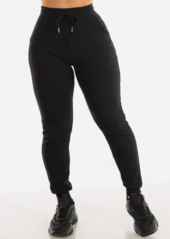 High Drawstring Waist Black Jogger Pants w Pockets sold by Moda