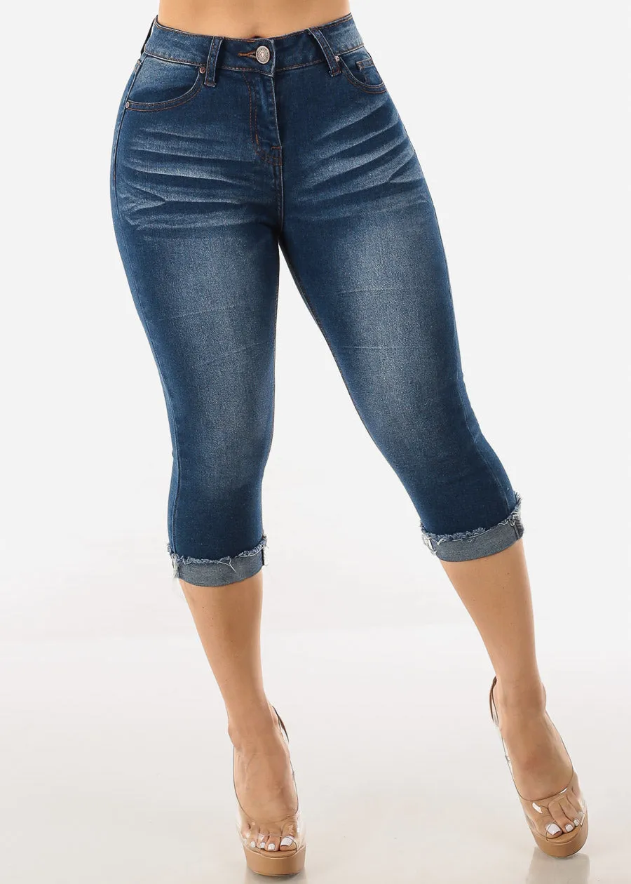 Mid Rise Stretchy Cuffed Denim Capris sold by Moda