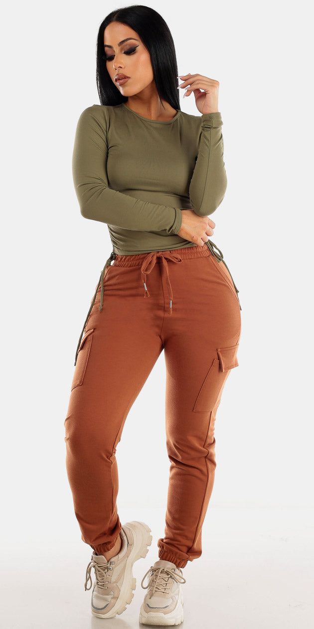 Brown High Waisted Cargo Jogger Pants with Olive Ruched Sides Long Sleeve Top sold by Moda