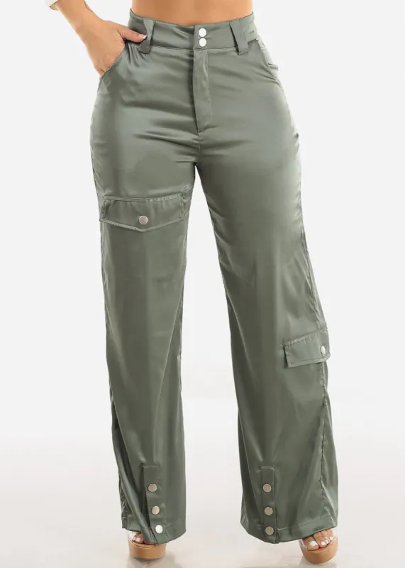 High Waist Wide Leg Satin Cargo Pants Olive sold by Moda