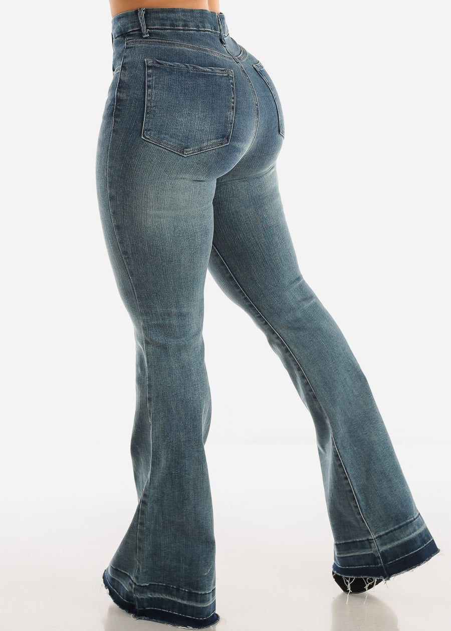 High Waisted Dark Blue Flared Button Up Jeans sold by Moda product image thumbnail 4