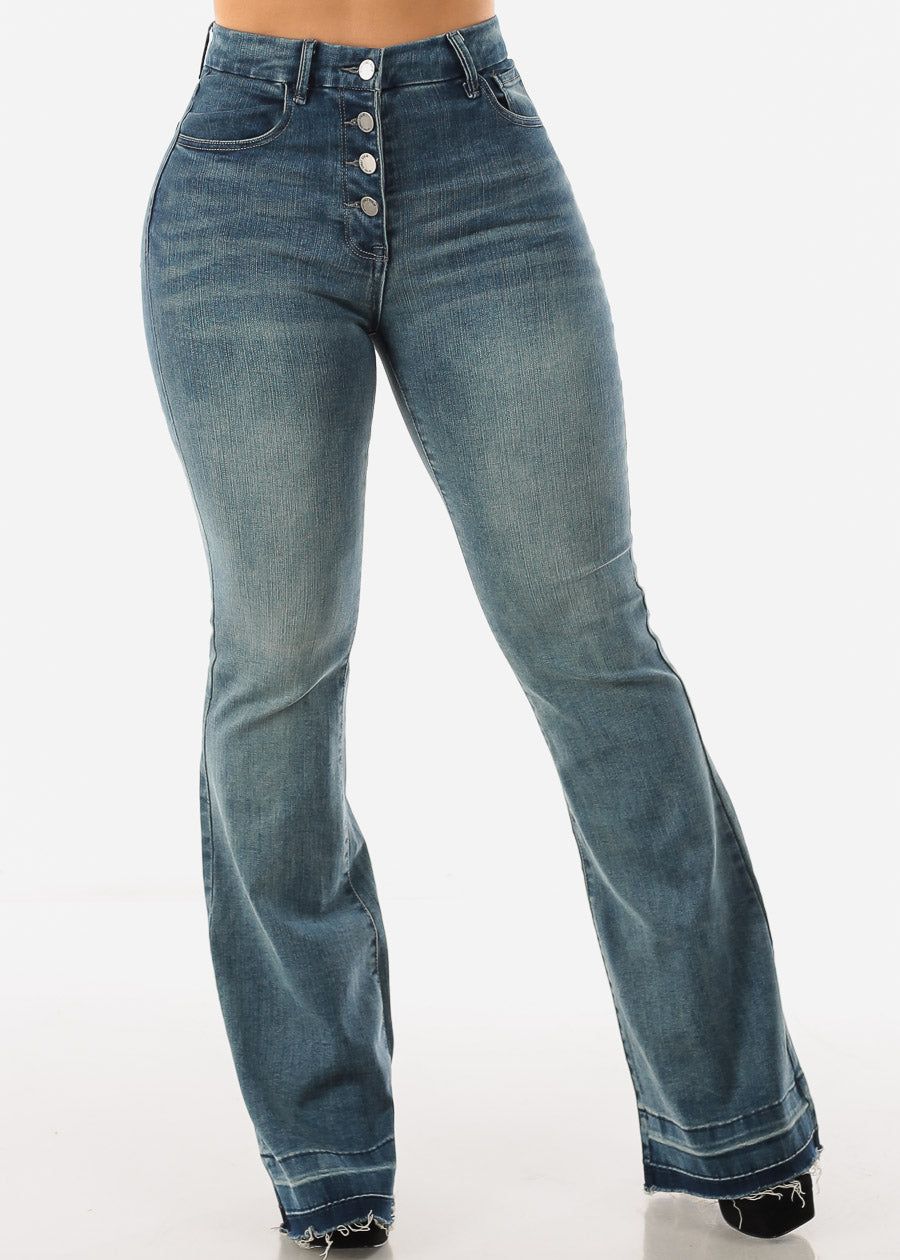 High Waisted Dark Blue Flared Button Up Jeans sold by Moda