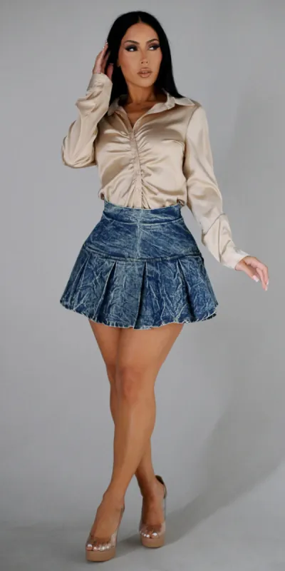 Satin Shirt Denim Skirt Combo sold by Moda