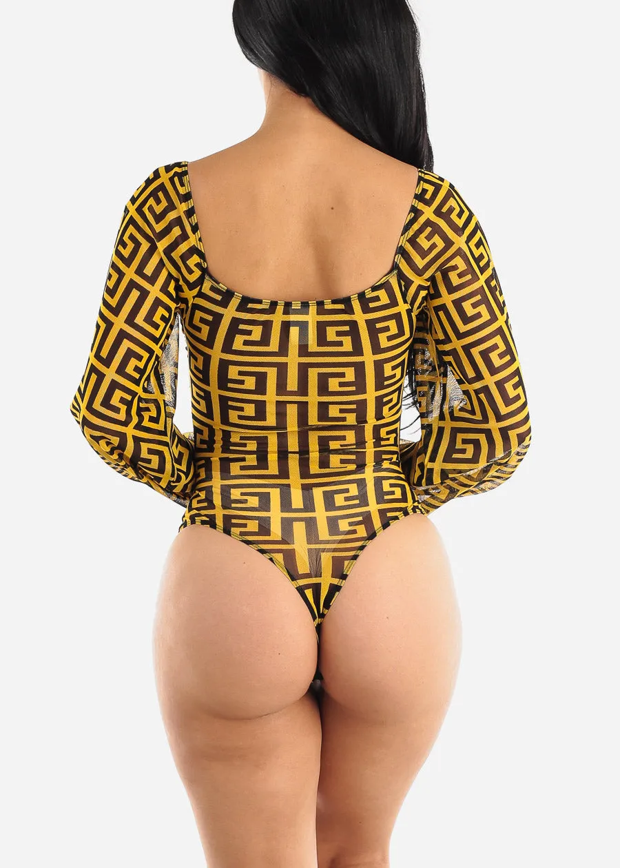 Long Sleeve Printed Mesh Thong Bodysuit Yellow & Black sold by Moda product image thumbnail 4