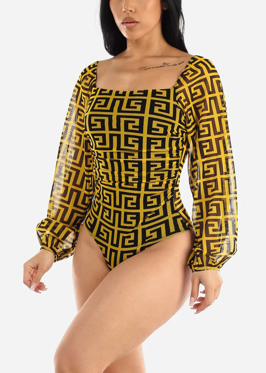 Long Sleeve Printed Mesh Thong Bodysuit Yellow & Black sold by Moda