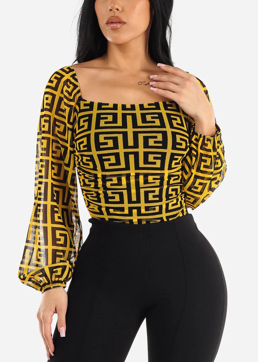 Long Sleeve Printed Mesh Thong Bodysuit Yellow & Black sold by Moda product image thumbnail 5