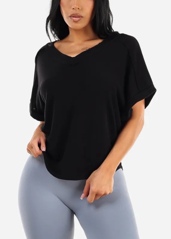 Short Sleeve Black Vneck Soft Terry Top sold by Moda