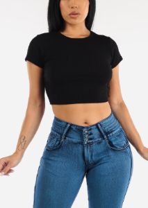 Black Cut Out Back Short Sleeve Crewneck Crop Top sold by Moda