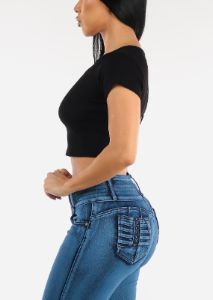 Black Cut Out Back Short Sleeve Crewneck Crop Top sold by Moda