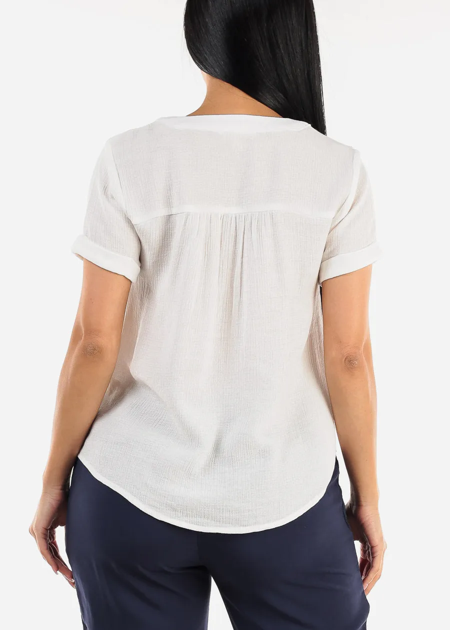 Short Sleeve White Vneck Woven Top w Lace Trim sold by Moda product image thumbnail 5