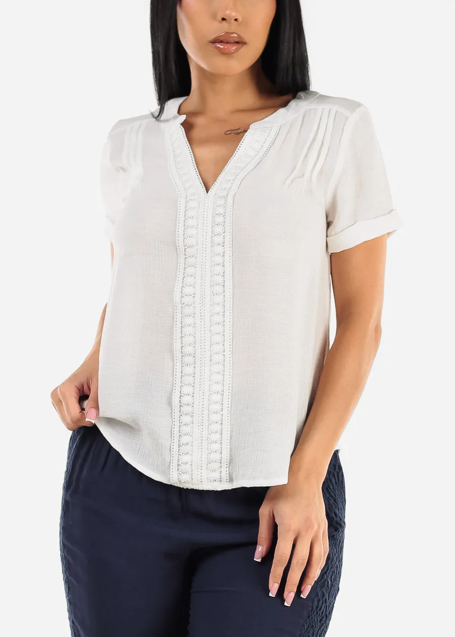Short Sleeve White Vneck Woven Top w Lace Trim sold by Moda product image thumbnail 2