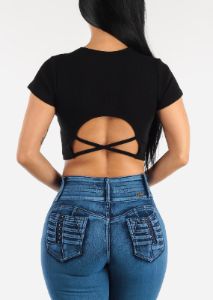 Black Cut Out Back Short Sleeve Crewneck Crop Top sold by Moda