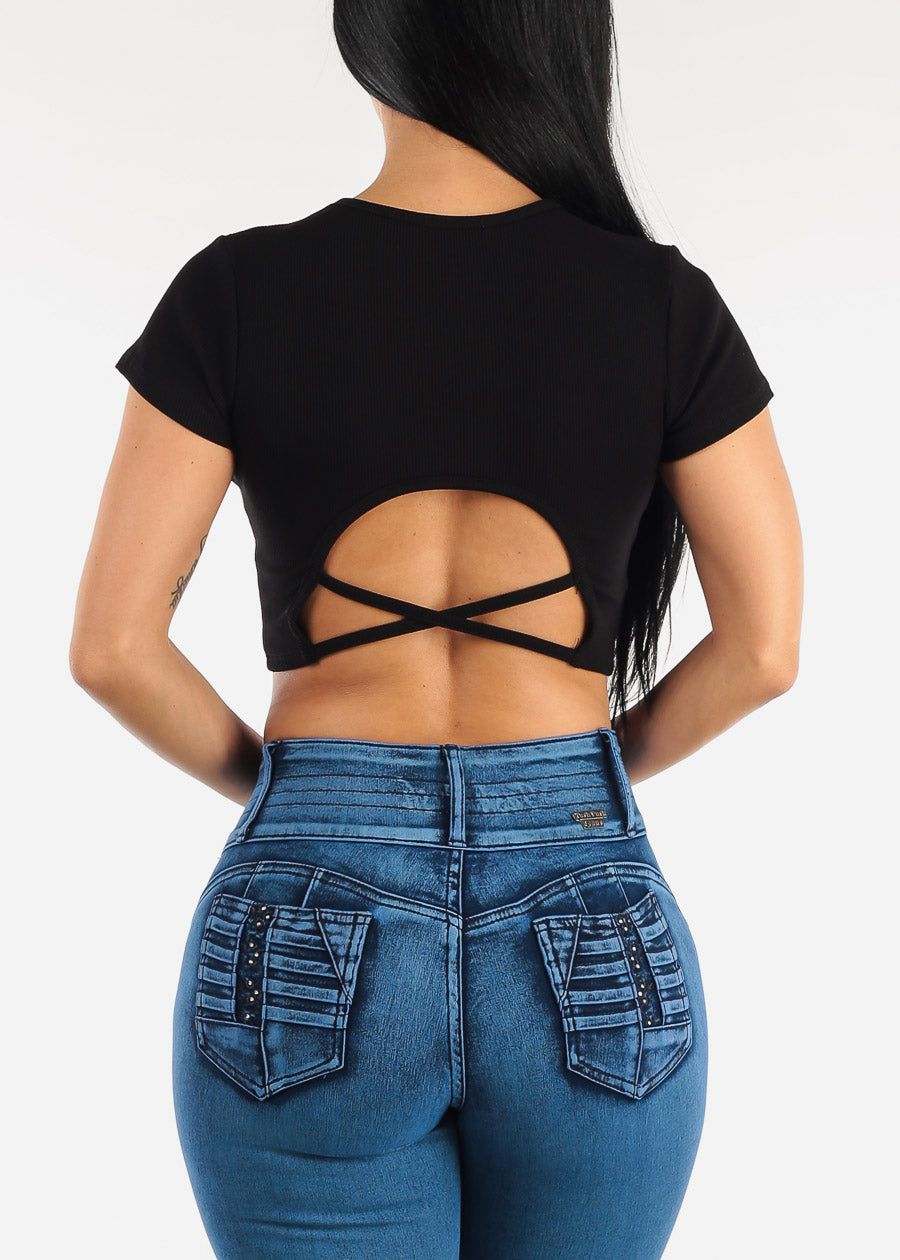 Black Cut Out Back Short Sleeve Crewneck Crop Top sold by Moda product image thumbnail 5