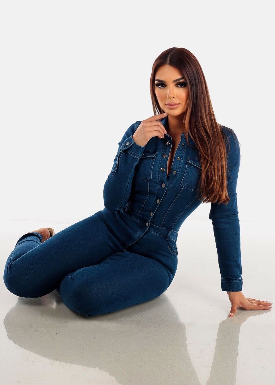 Long Sleeve Dark Wash Denim Jumpsuit sold by Moda