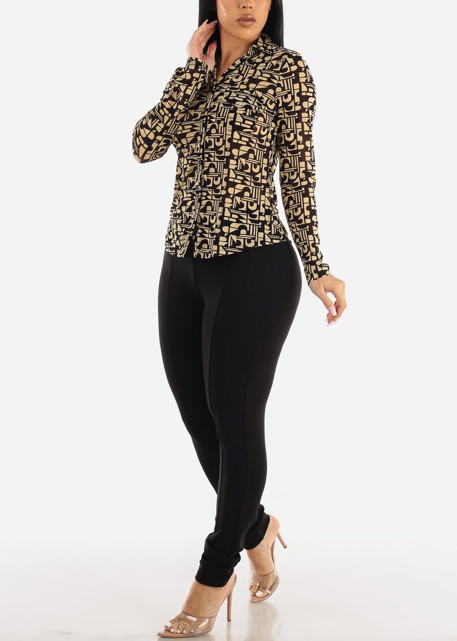 Printed Long Sleeve Button Up Mesh Collared Blouse Beige sold by Moda product image thumbnail 2