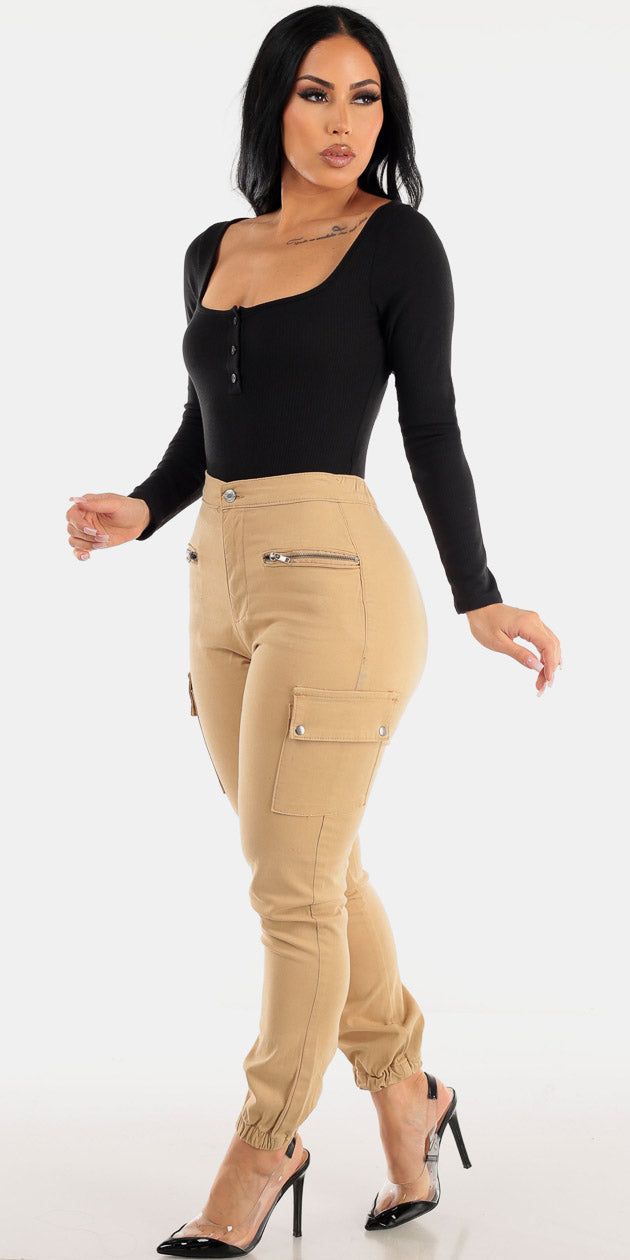 High Rise Khaki Cargo Jogger Pants with Black Long Sleeve Square Neckline Bodysuit sold by Moda