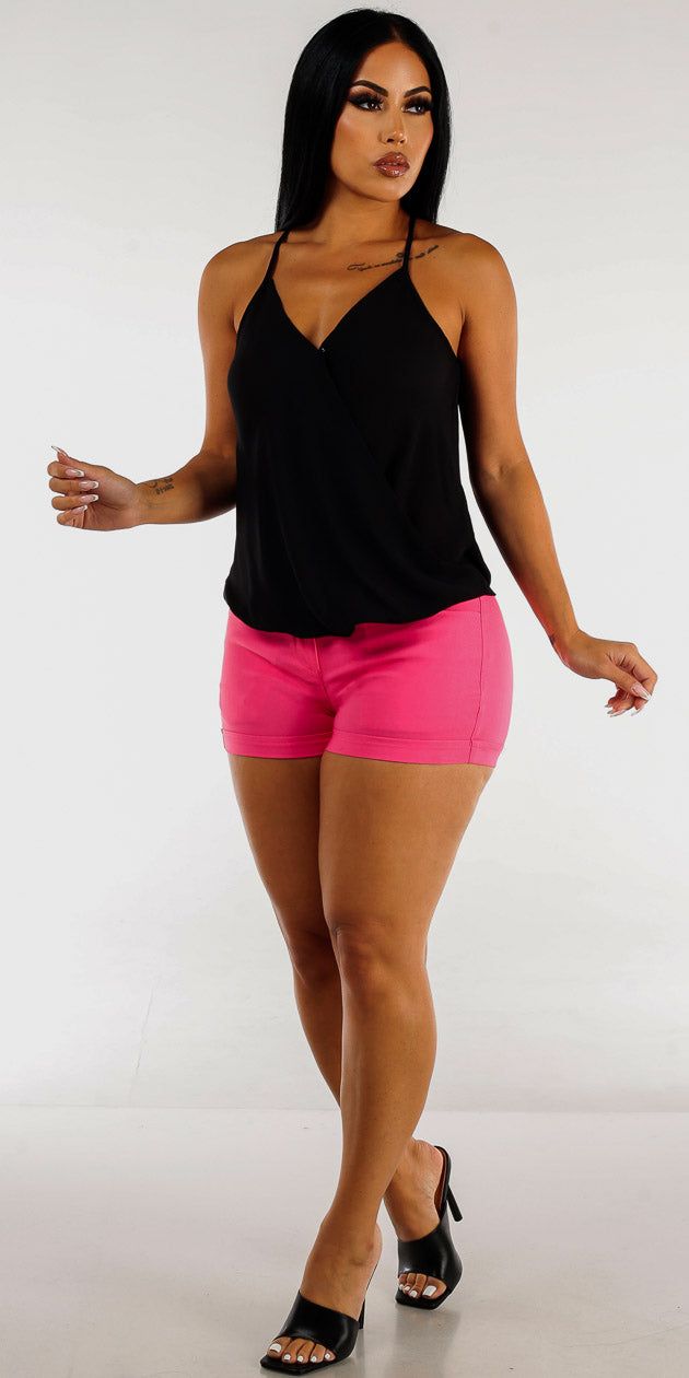High Waisted Pink Cuffed Dressy Shorts with Black Sleeveless Wrap Front Top sold by Moda