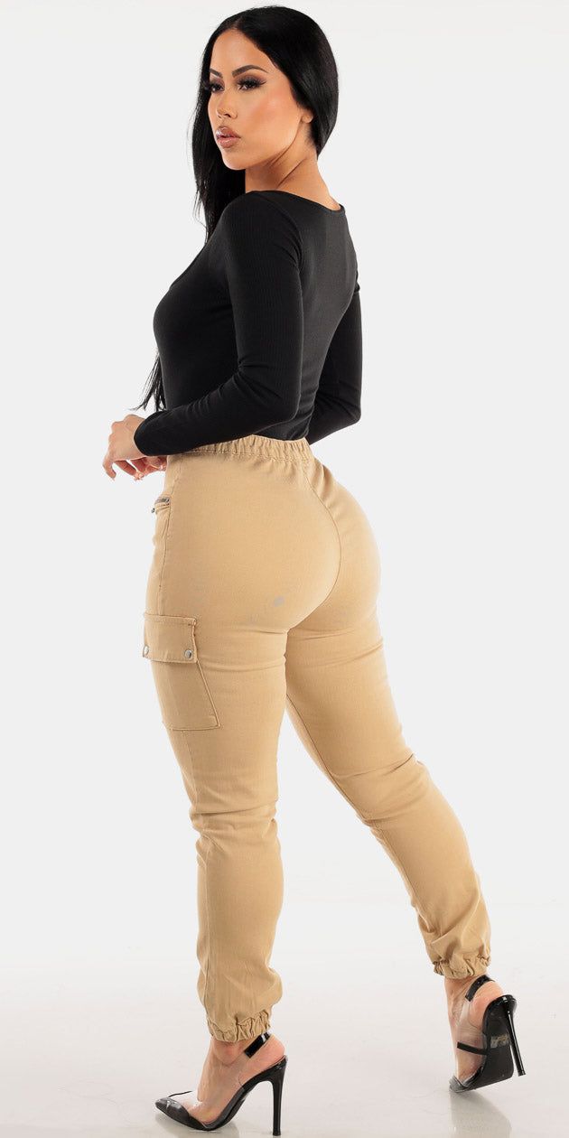 High Rise Khaki Cargo Jogger Pants with Black Long Sleeve Square Neckline Bodysuit sold by Moda product image thumbnail 2