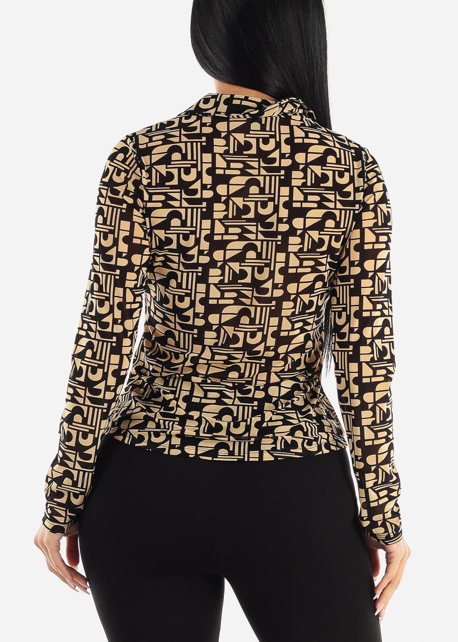 Printed Long Sleeve Button Up Mesh Collared Blouse Beige sold by Moda product image thumbnail 4