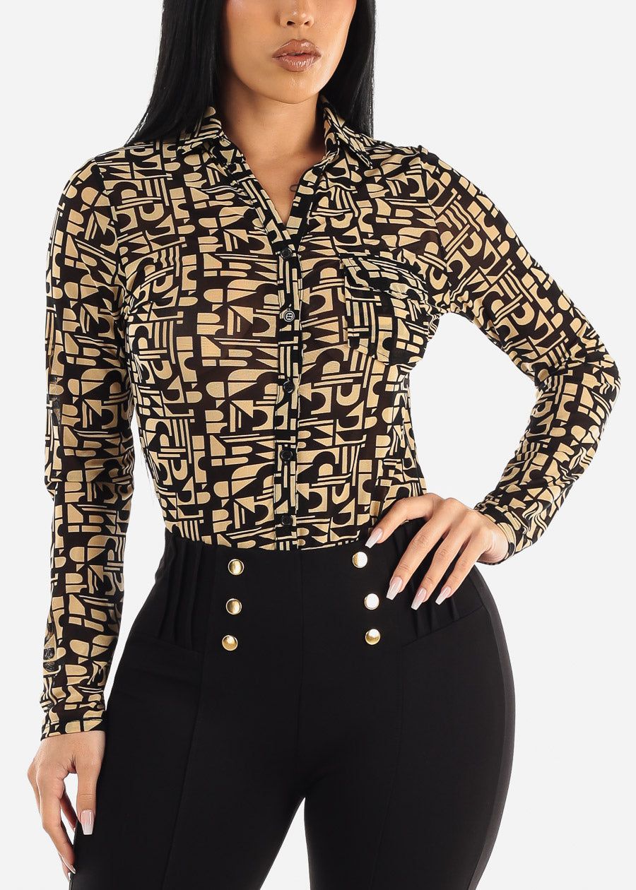 Printed Long Sleeve Button Up Mesh Collared Blouse Beige sold by Moda