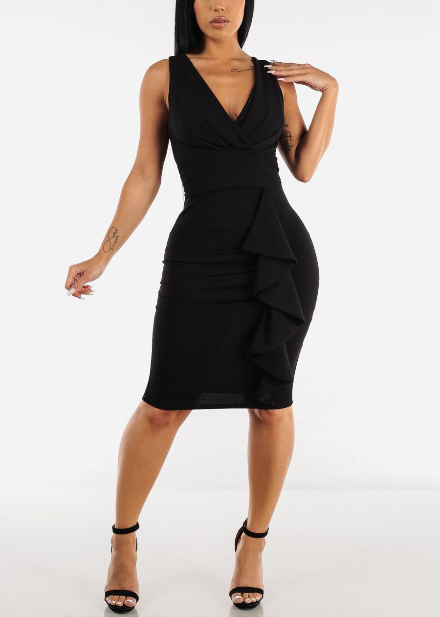 Sleeveless Black Bodycon Dress w Side Ruffle Detail sold by Moda product image thumbnail 2