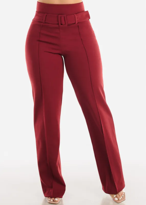 High Waist Straight Leg Stretch Dress Pants w Belt Burgundy sold by Moda