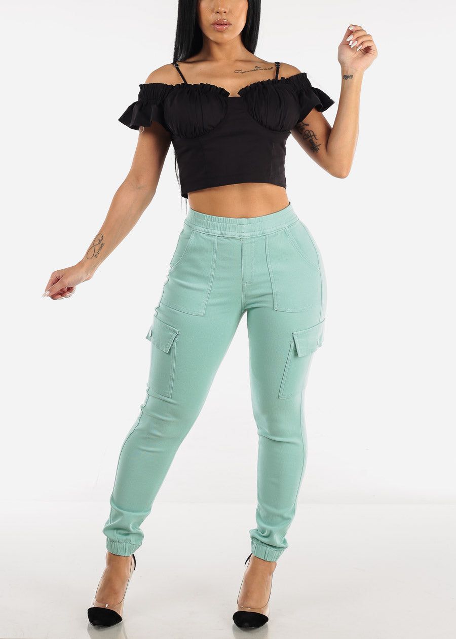 Black Off Shoulder Crop Top w Ruffle Detail sold by Moda product image thumbnail 3