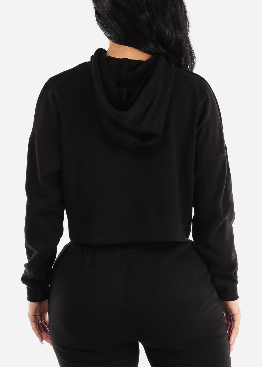 Black Long Sleeve Fleece Cropped Hoodie sold by Moda product image thumbnail 4