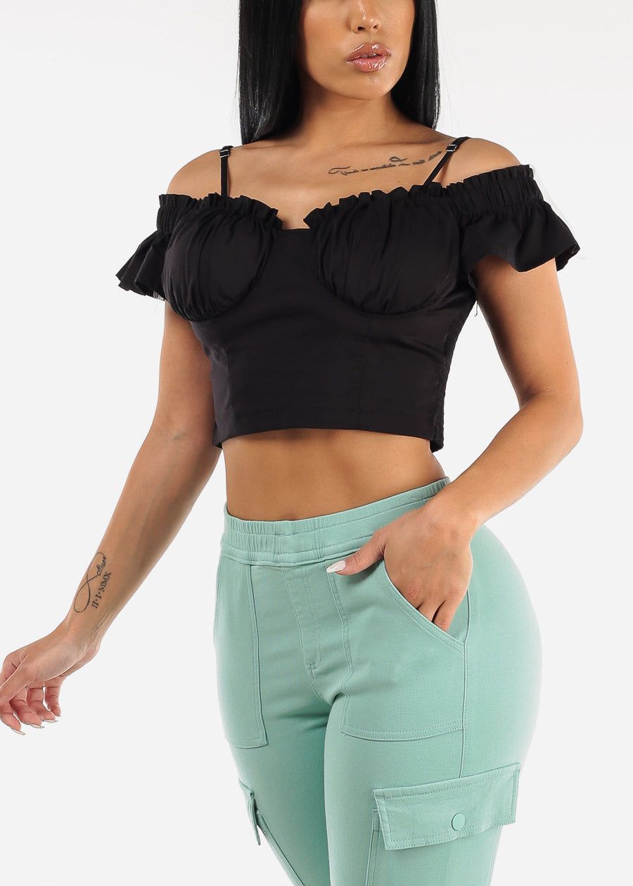 Black Off Shoulder Crop Top w Ruffle Detail sold by Moda product image thumbnail 2