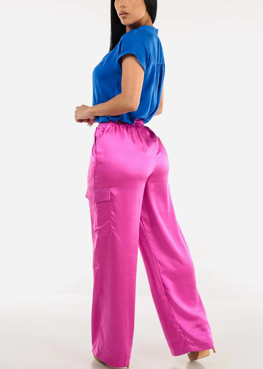 High Waisted Satin Wide Legged Cargo Pants Magenta sold by Moda product image thumbnail 5