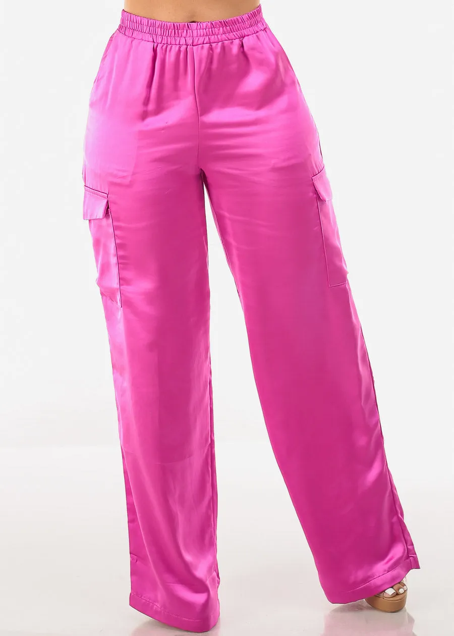 High Waisted Satin Wide Legged Cargo Pants Magenta sold by Moda