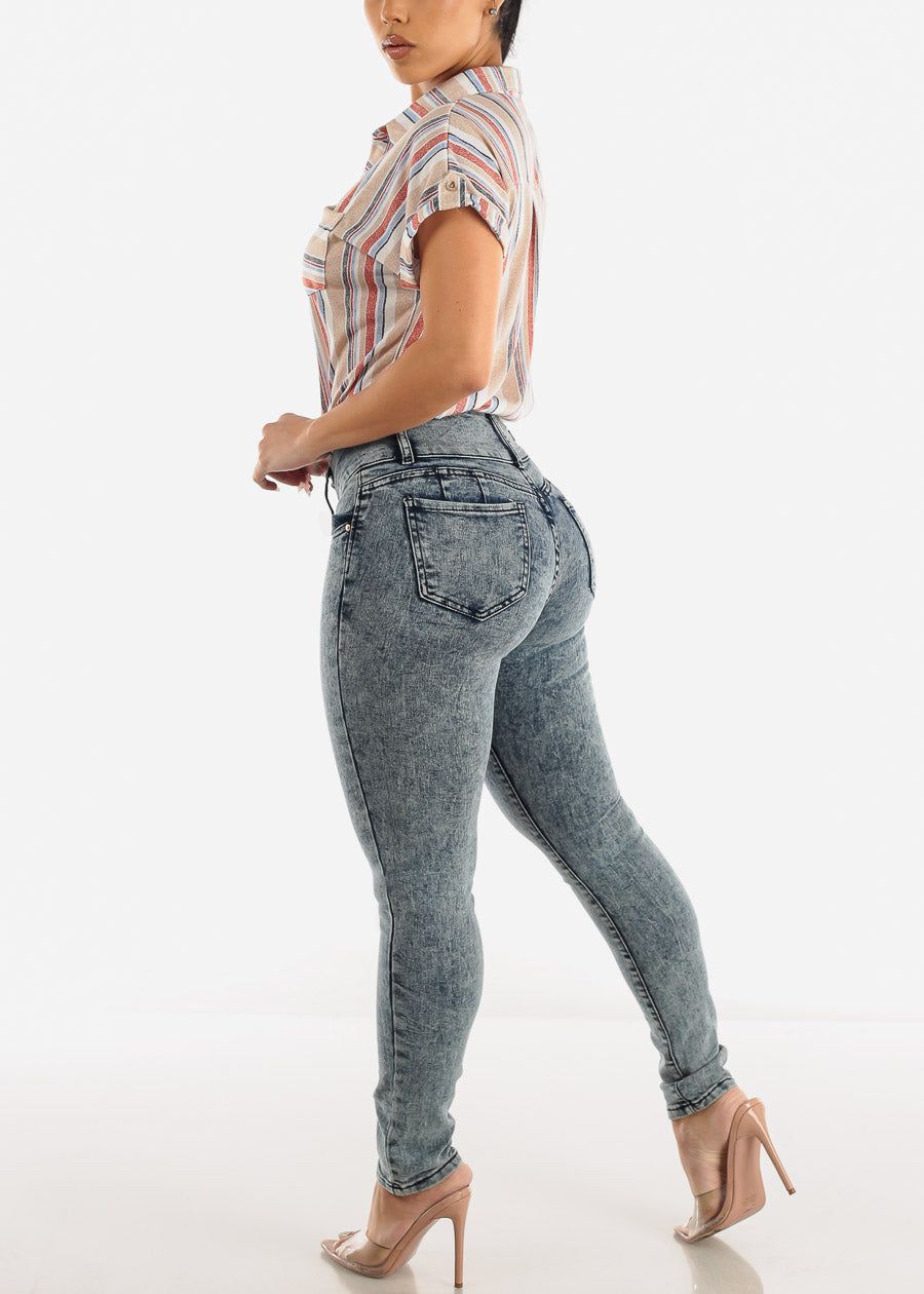 Butt Lifting Mid Rise Levantacola Acid Wash Skinny Jeans sold by Moda product image thumbnail 6