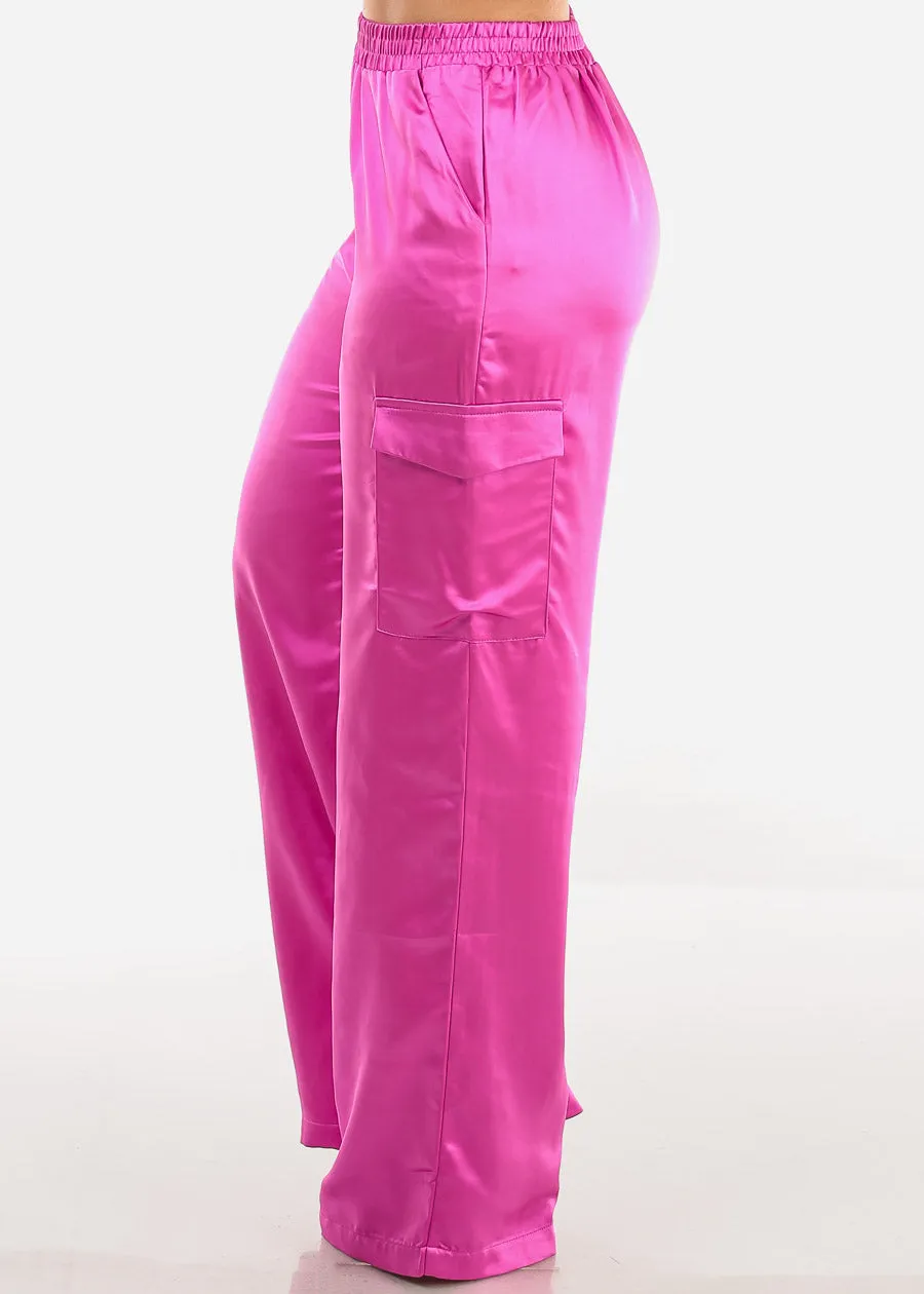 High Waisted Satin Wide Legged Cargo Pants Magenta sold by Moda product image thumbnail 3