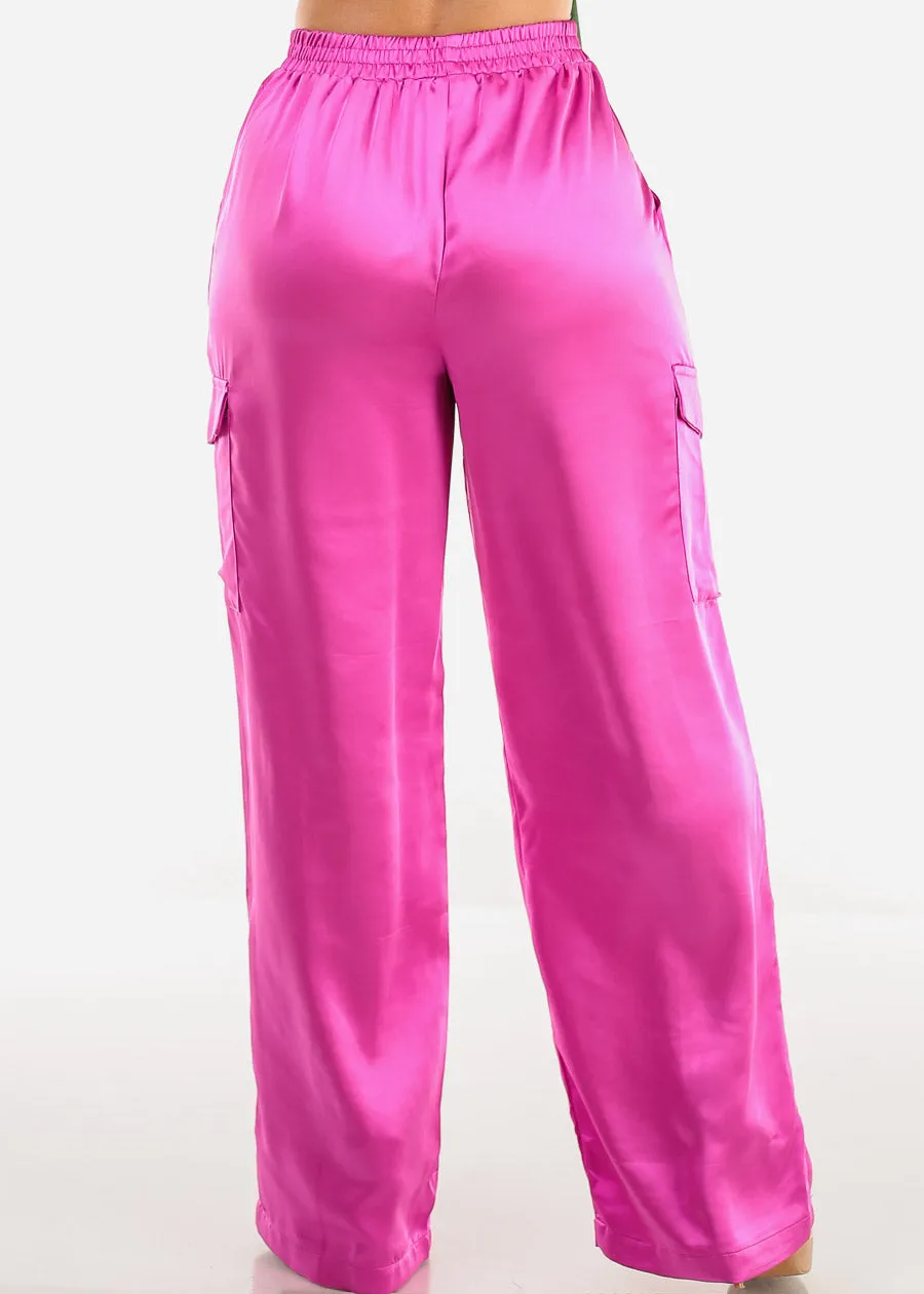High Waisted Satin Wide Legged Cargo Pants Magenta sold by Moda product image thumbnail 4