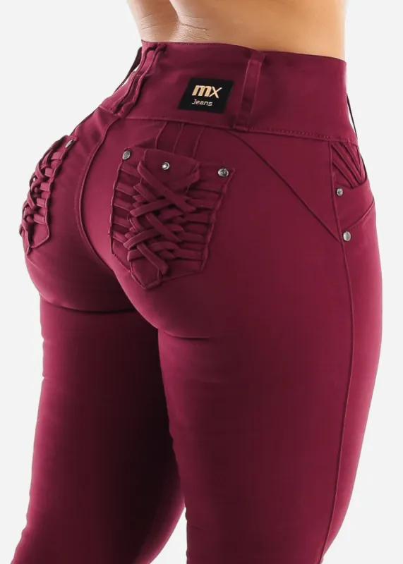 MX JEANS Burgundy Butt Lift Levanta Cola Skinny Jeans sold by Moda