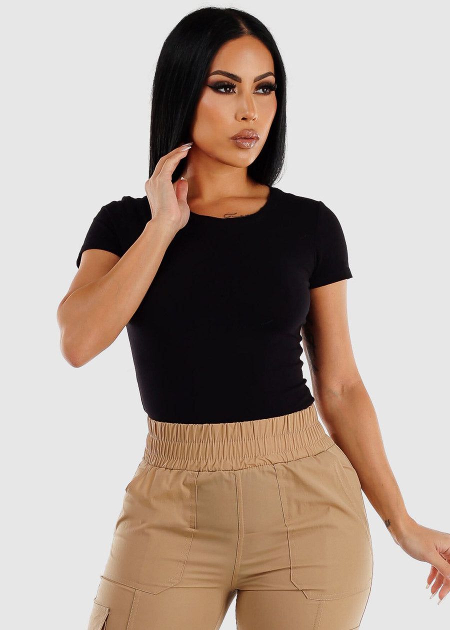 Black Short Sleeve Crewneck Thong Bodysuit sold by Moda