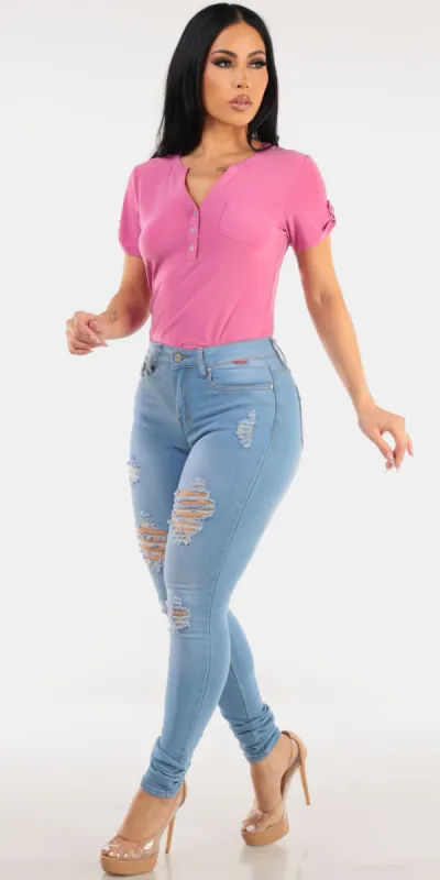 Pink Ripped Denim Look made by Moda