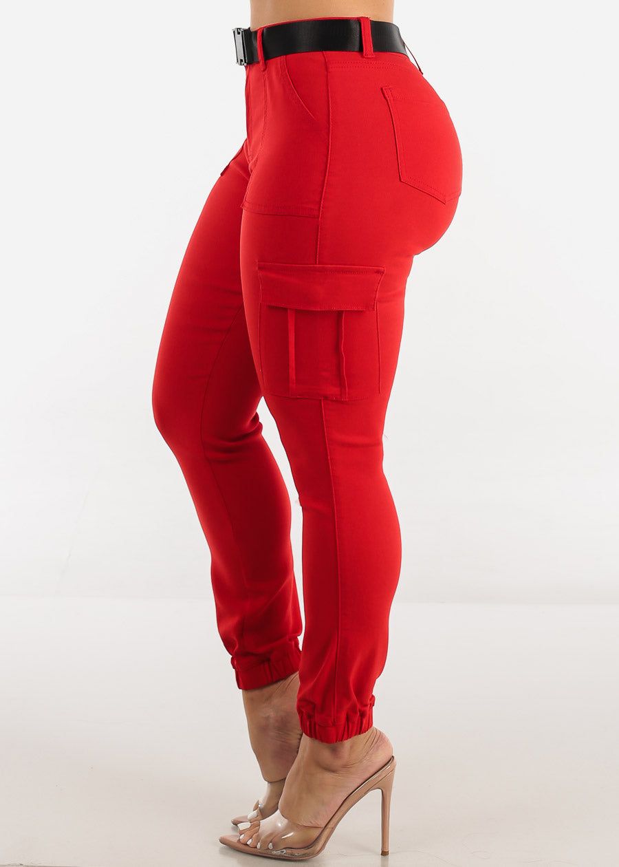 High Waist Hyper Stretch Cargo Jogger Pants Red with Belt sold by Moda product image thumbnail 3