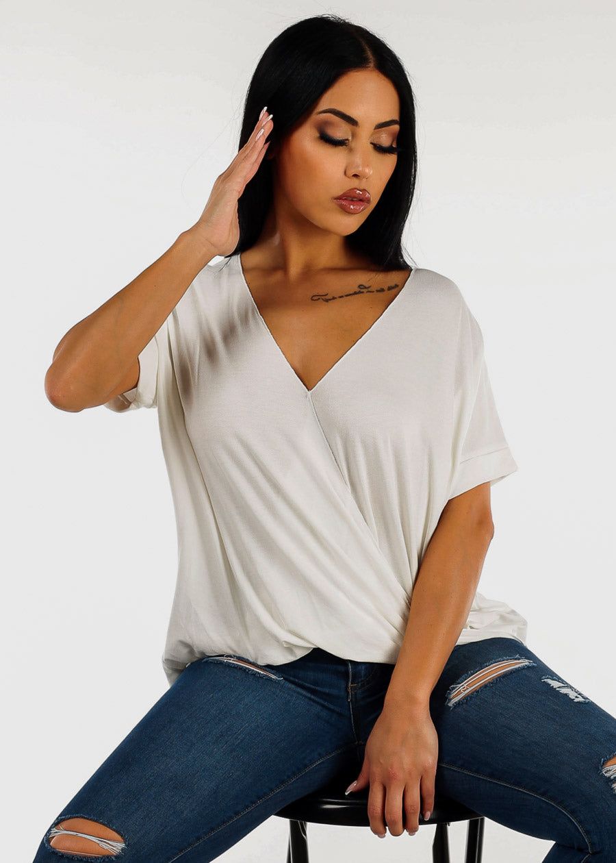 Short Sleeve Surplice Tunic Top White sold by Moda