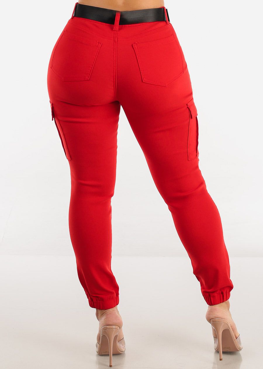 High Waist Hyper Stretch Cargo Jogger Pants Red with Belt sold by Moda product image thumbnail 4