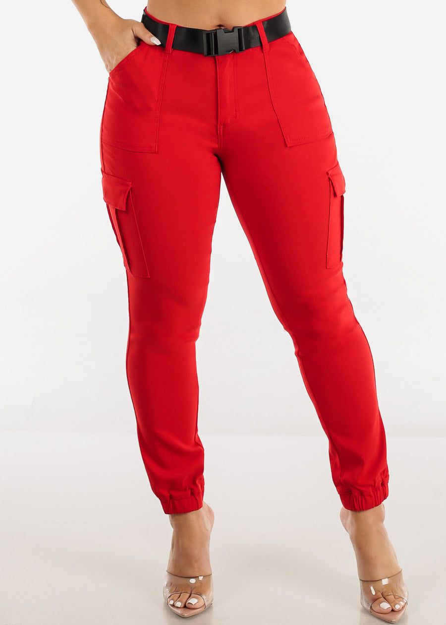 High Waist Hyper Stretch Cargo Jogger Pants Red with Belt sold by Moda
