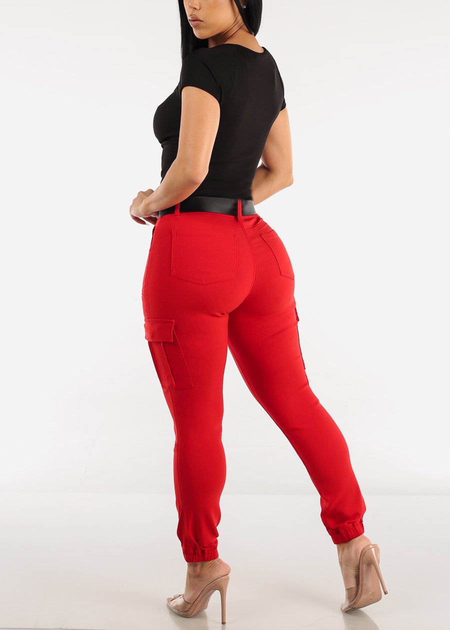 High Waist Hyper Stretch Cargo Jogger Pants Red with Belt sold by Moda product image thumbnail 5