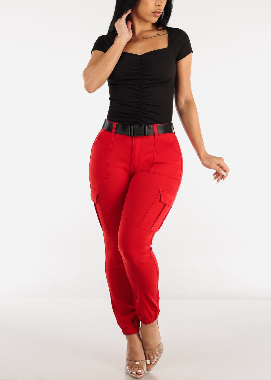 High Waist Hyper Stretch Cargo Jogger Pants Red with Belt sold by Moda product image thumbnail 2