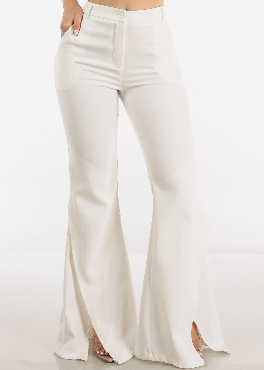 White High Waisted Front Slit Elegant Flared Pants sold by Moda