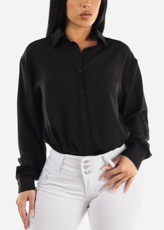 Black Long Sleeve Button Up Linen Collared Blouse sold by Moda