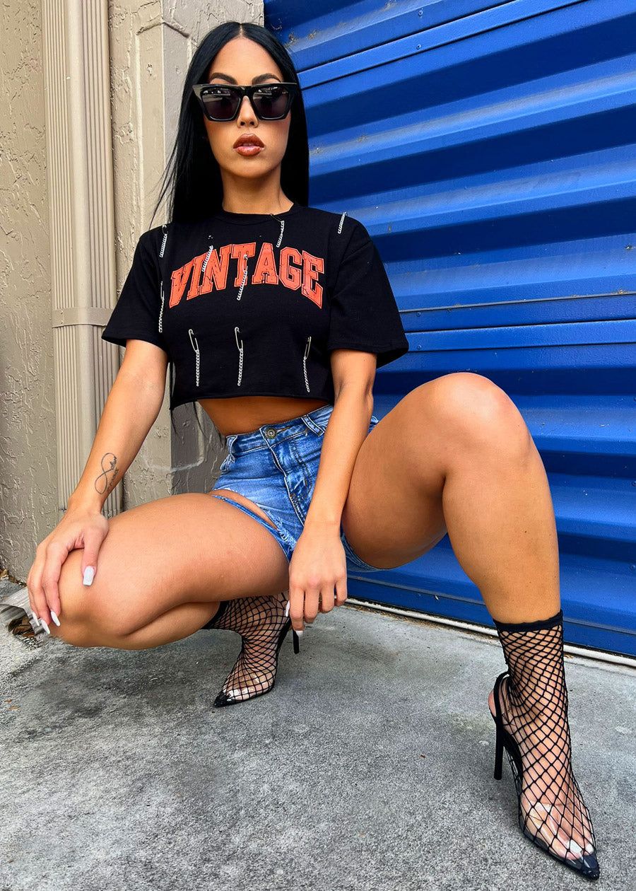 Black Vintage Graphic Crop Top with Chains sold by Moda