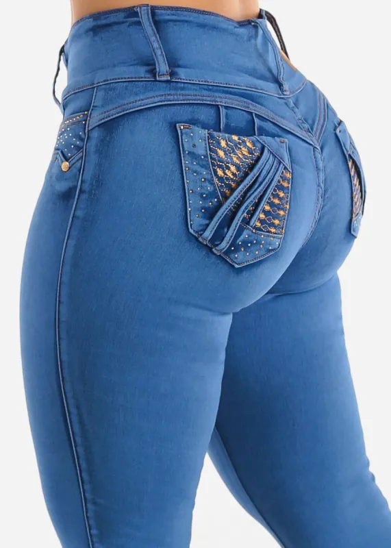 MX JEANS Mid Rise Butt Lifting Rhinestone Blue Jeans sold by Moda